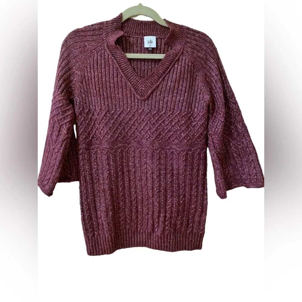 Cabi Chime sweater. Dark raspberry/burgundy color.